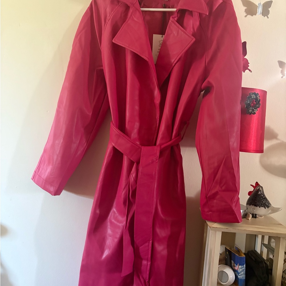 New with tags. Love Tree Vibrant Vegan Leather Pink Trench Coat Size Large.